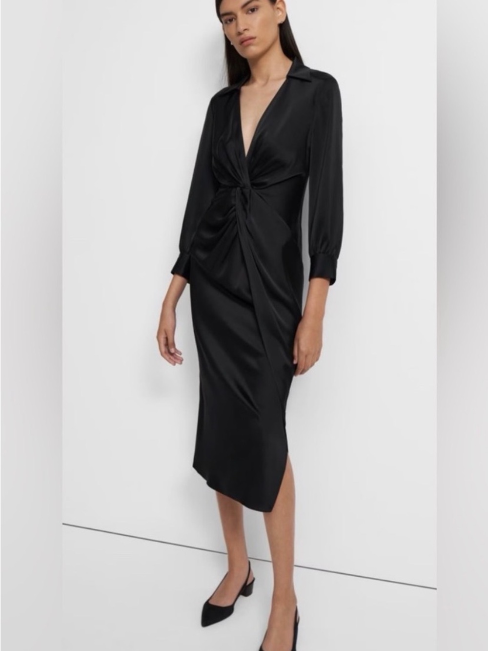 Theory Black Twist-Front Satin Midi Dress